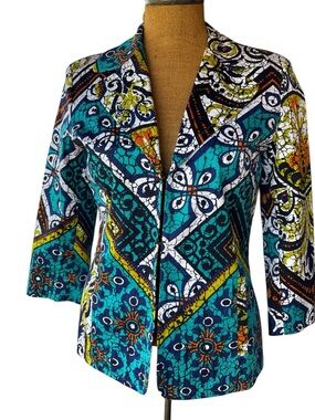 Chico's Teal & Navy Printed 3/4 Sleeve Blazer